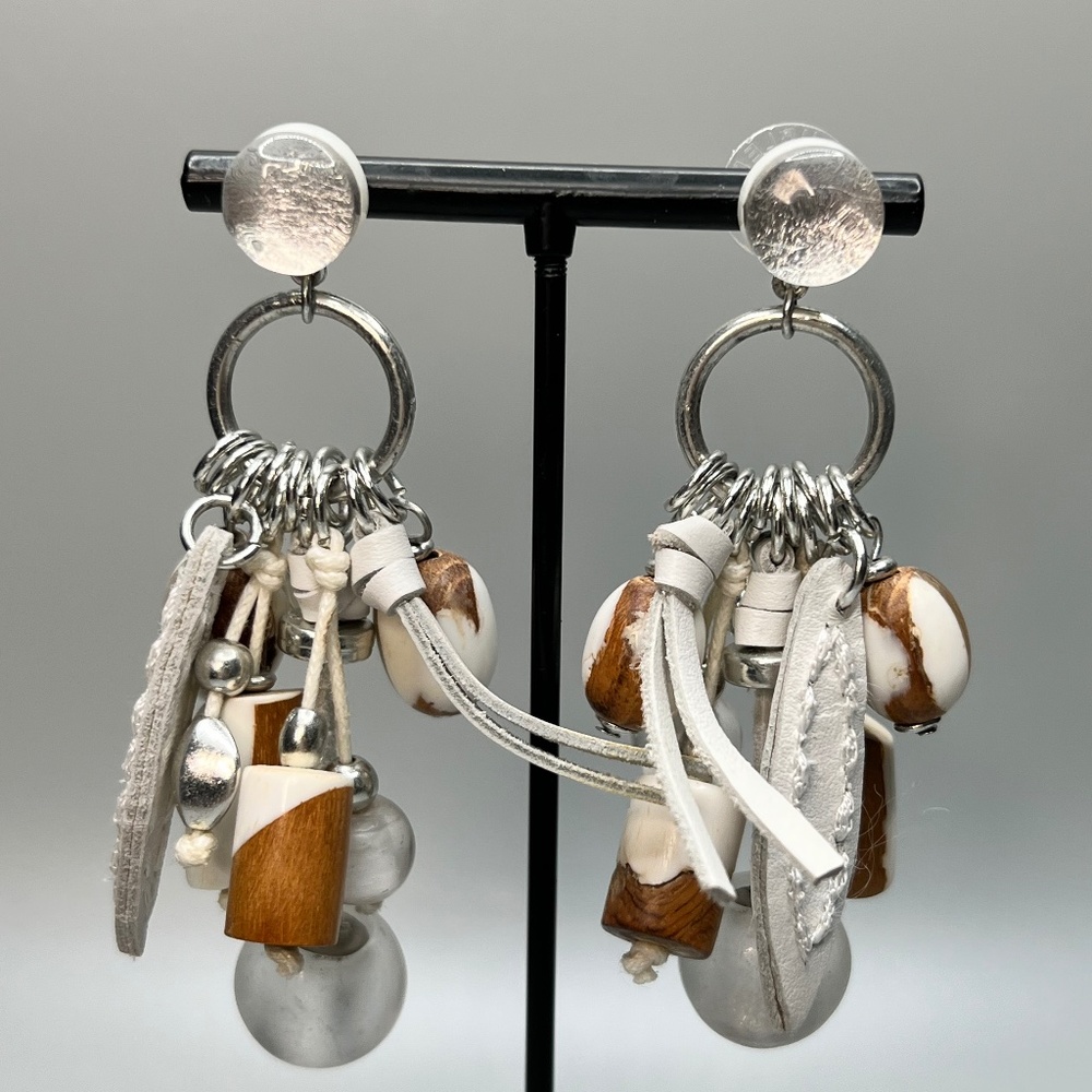White and Wood Leather and Bead Earrings